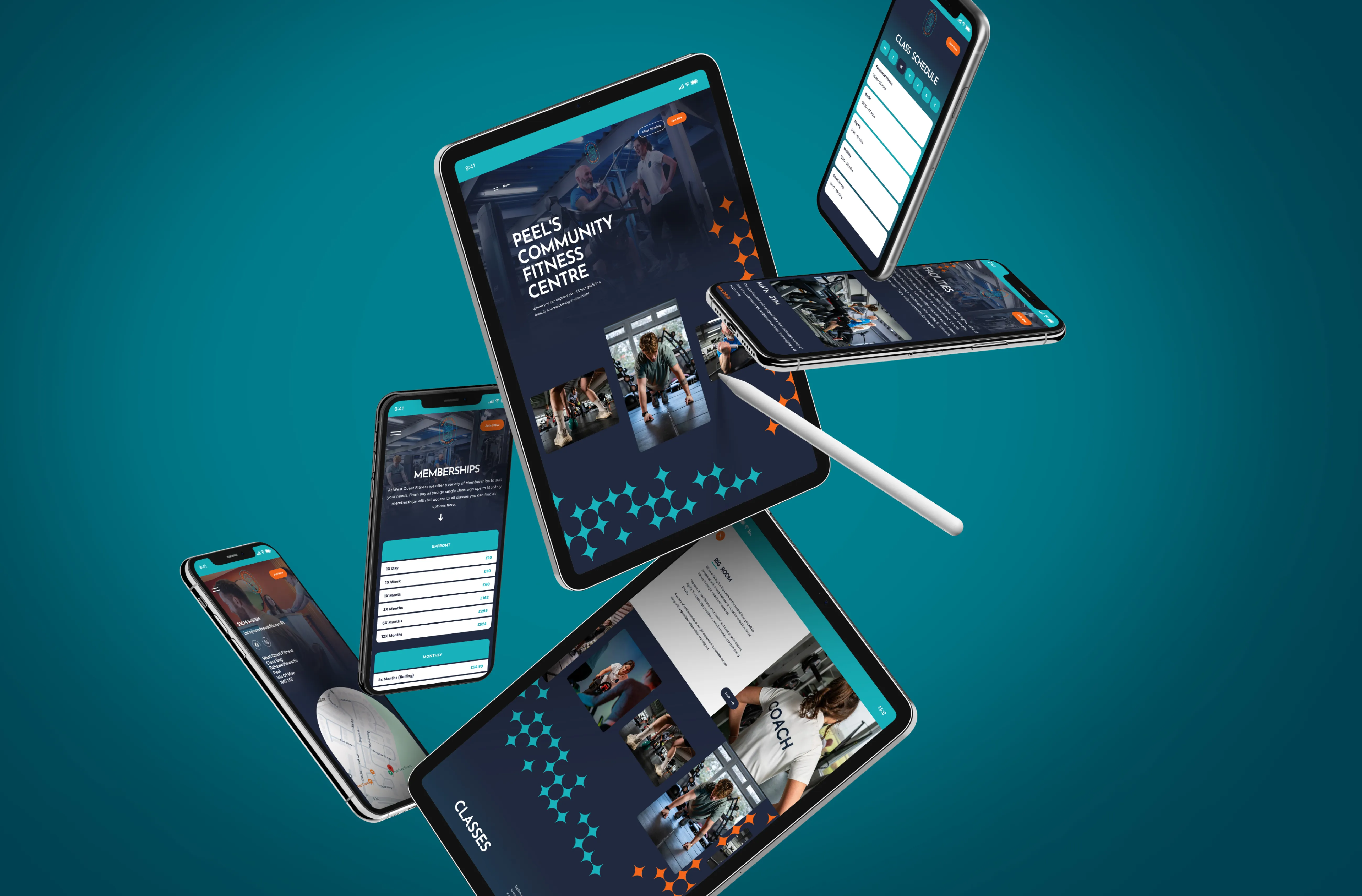 Multiple floating device mockups including tablets and smartphones displaying the Peel's Community Fitness Centre website with dark navy and teal branding, fitness photography and classes pages on a teal background